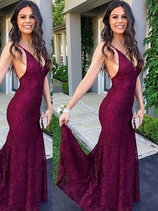 V-neck Trumpet/Mermaid Sleeveless Sweep/Brush Train Lace Dresses