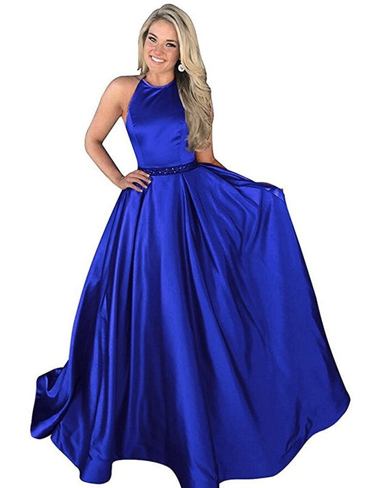 Train Sleeveless A-Line/Princess Sweep/Brush Halter Beading Satin Dresses