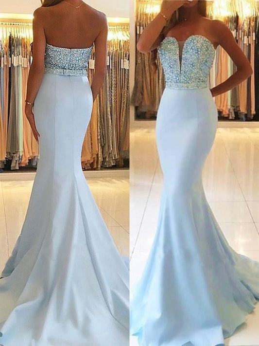 Sleeveless Trumpet/Mermaid Sweep/Brush Train Sweetheart Beading Satin Dresses