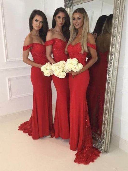 Off-the-Shoulder Trumpet/Mermaid Sleeveless Sweep/Brush Jersey Train Bridesmaid Dresses