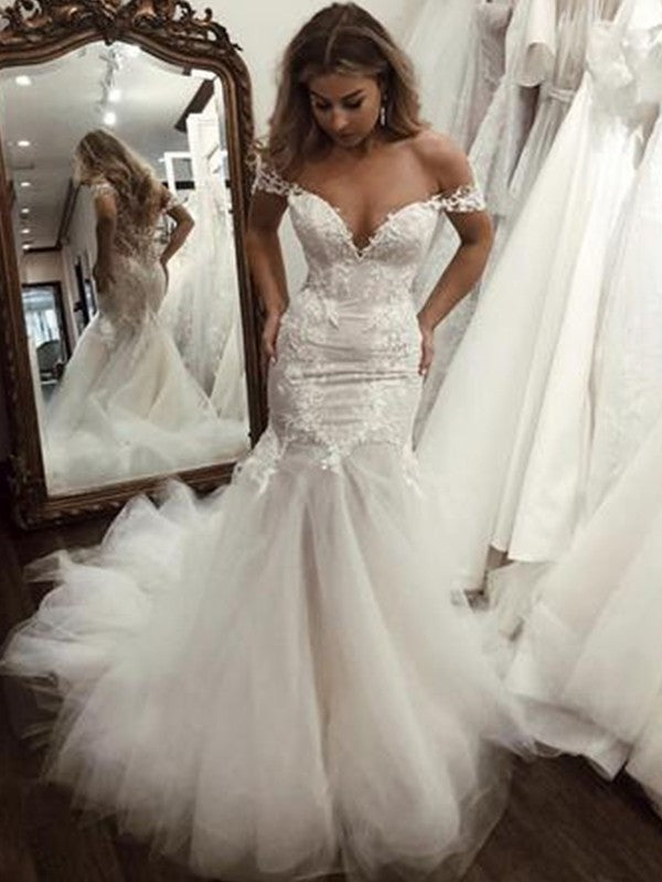 Sleeveless Off-the-Shoulder Tulle Sweep/Brush Trumpet/Mermaid Applique Train Wedding Dresses