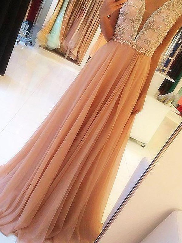 Chiffon V-neck A-Line/Princess Sleeveless Beading Sweep/Brush Train Dresses