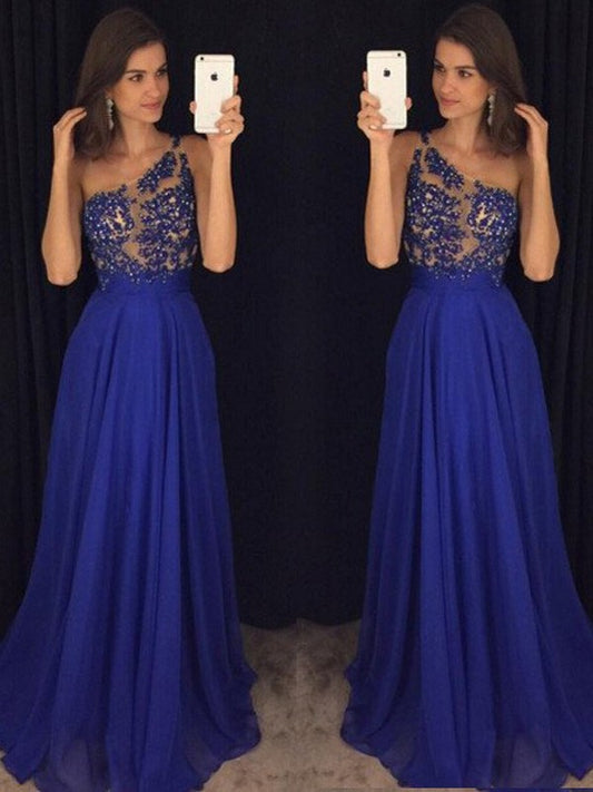 Floor-Length One-Shoulder A-Line/Princess Sleeveless Beading Chiffon Dresses