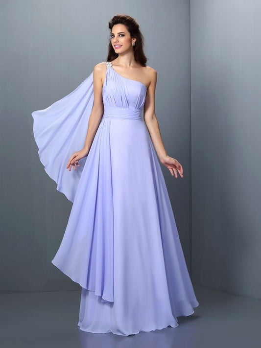 Long A-Line/Princess Pleats One-Shoulder Sleeveless Chiffon Bridesmaid Dresses