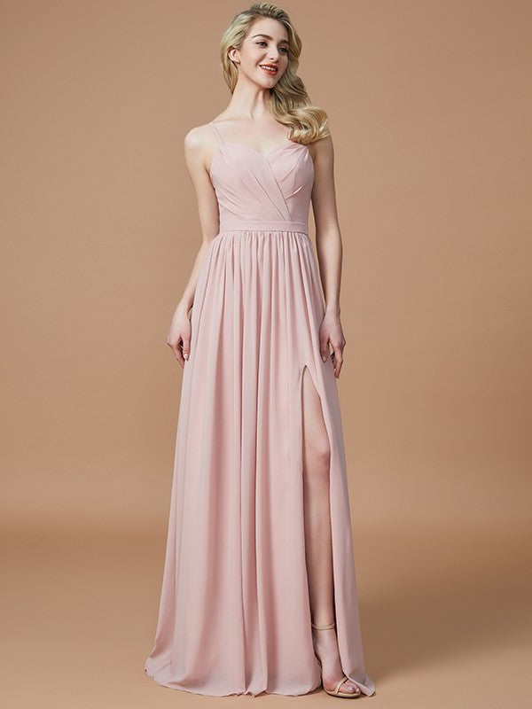 A-Line/Princess Ruched Spaghetti Sleeveless Floor-Length Straps Chiffon Bridesmaid Dresses