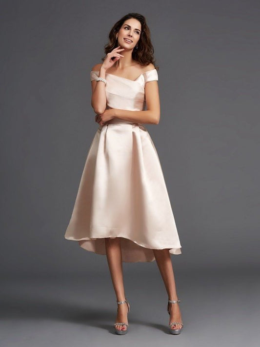 Sleeveless Off-the-Shoulder High A-Line/Princess Low Satin Bridesmaid Dresses