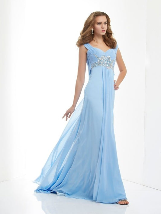 A-Line/Princess Sleeveless Sweetheart Beading Long Chiffon Dresses