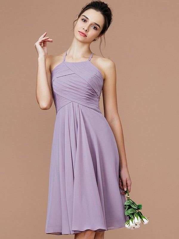 Ruched Halter A-Line/Princess Sleeveless Short/Mini Chiffon Bridesmaid Dresses