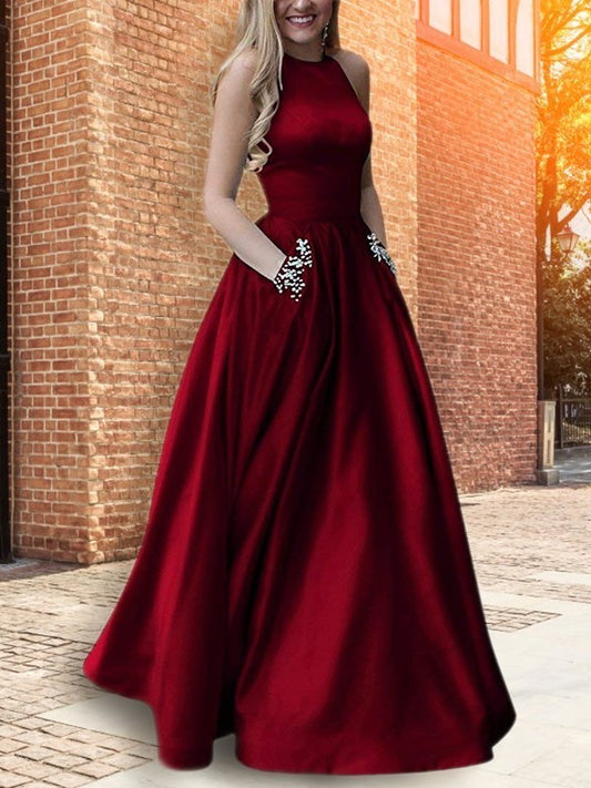 Sleeveless A-Line/Princess Halter Floor-Length Beading Satin Dresses