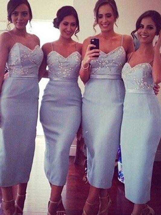 Satin Spaghetti Sleeveless Sheath/Column Straps Knee-Length Bridesmaid Dresses