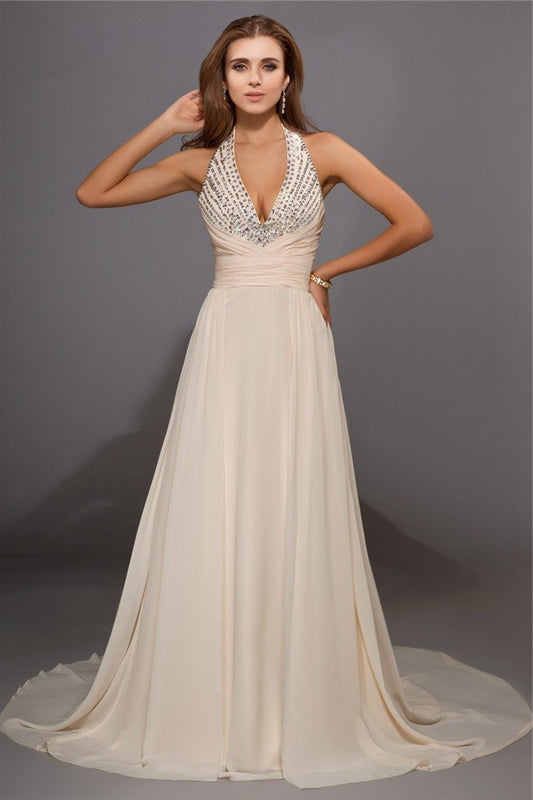 Beading Sleeveless V-neck Sheath/Column Long Chiffon Dresses