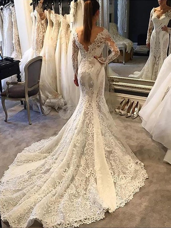 Trumpet/Mermaid V-neck Court Long Train Sleeves Lace Wedding Dresses