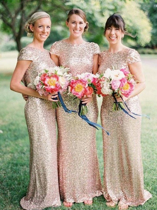 Sleeves Short Floor-Length Sheath/Column Bateau Sequins Bridesmaid Dresses