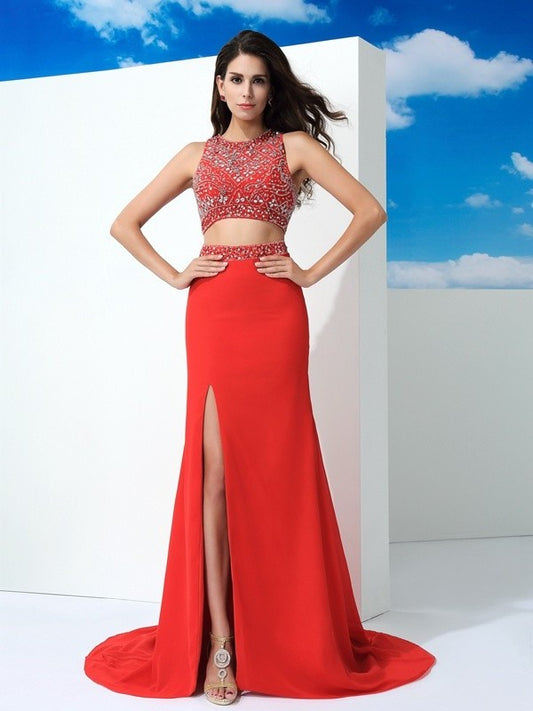 Chiffon Sleeveless Beading Scoop Sheath/Column Long Two Piece Dresses