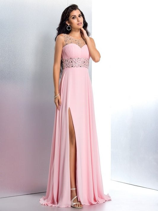 A-Line/Princess Neck Sheer Beading Sleeveless Long Chiffon Dresses