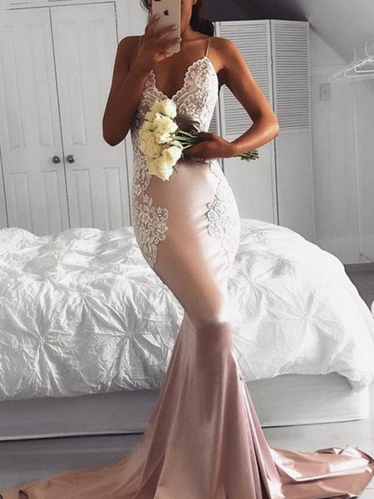 Trumpet/Mermaid Straps Sleeveless V-neck Applique Sweep/Brush Train Satin Dresses