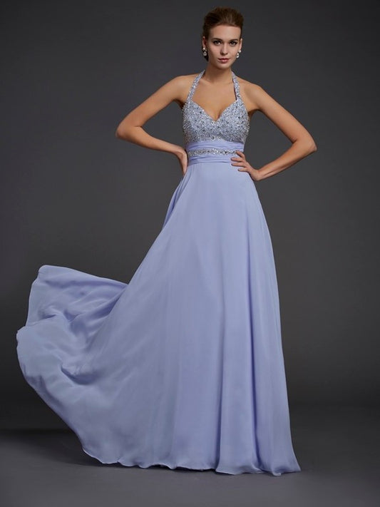 Sleeveless Halter Beading A-Line/Princess Chiffon Long Dresses