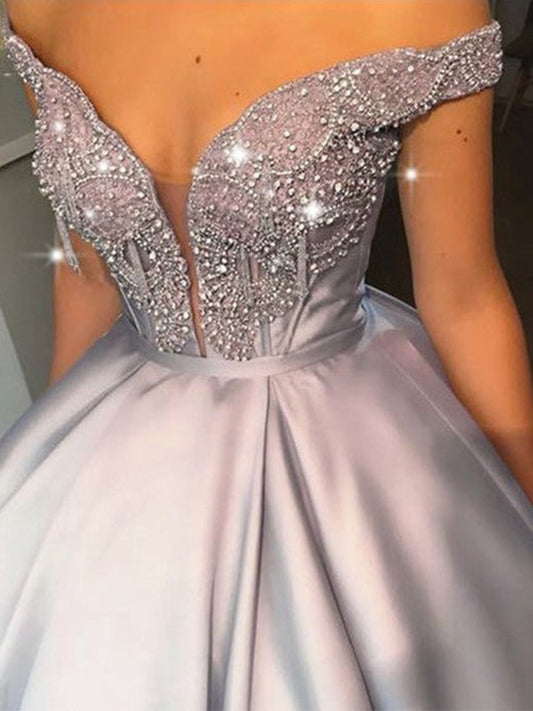 Gown Beading Ball Satin Off-the-Shoulder Sleeveless Floor-Length Dresses