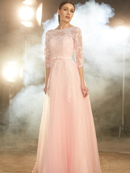 Floor-Length A-Line/Princess 1/2 Bateau Sleeves Applique Tulle Dresses