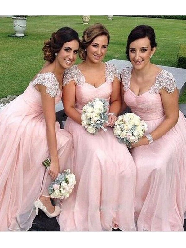 A-Line/Princess Floor-Length Sleeveless Sweetheart Beading Chiffon Bridesmaid Dresses