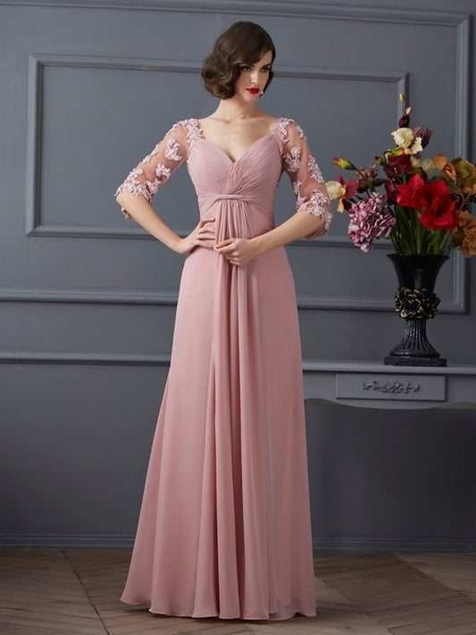 A-Line/Princess Beading Sweetheart Sleeves 1/2 Long Chiffon Dresses