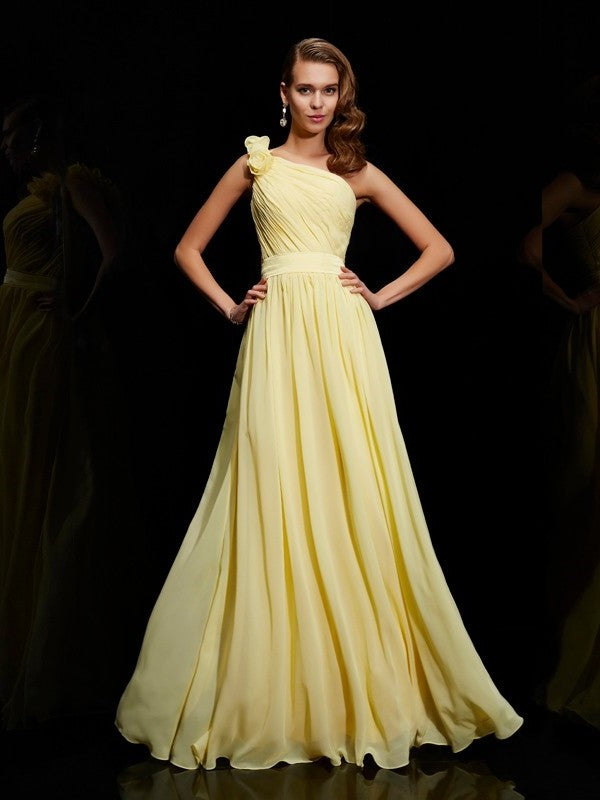 A-Line/Princess Hand-Made Sleeveless Flower One-Shoulder Long Chiffon Bridesmaid Dresses