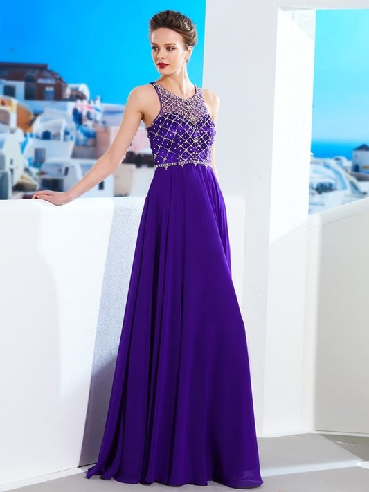 A-Line/Princess Chiffon Sleeveless Scoop Crystal Floor-Length Dresses