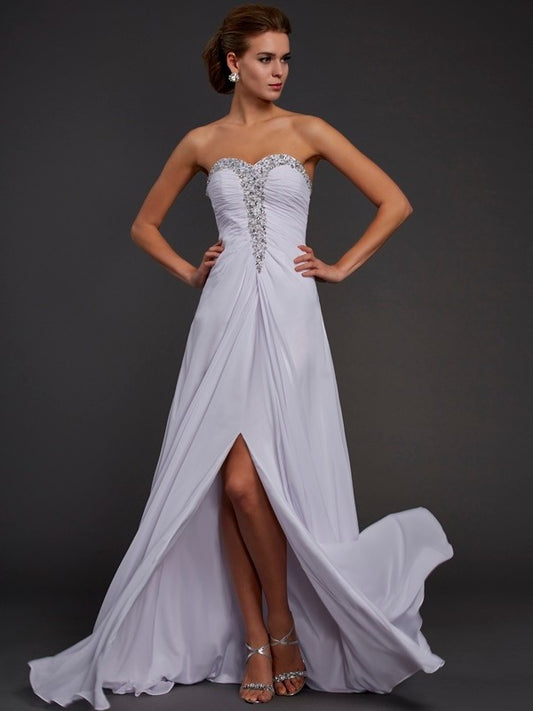 Beading Strapless Sleeveless Sheath/Column Long Chiffon Dresses