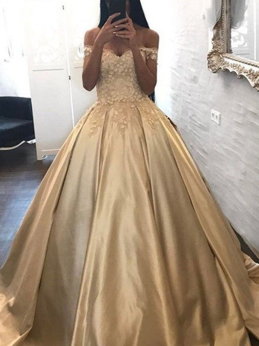 Sleeveless Off-the-Shoulder Ball Train Sweep/Brush Gown Applique Satin Dresses