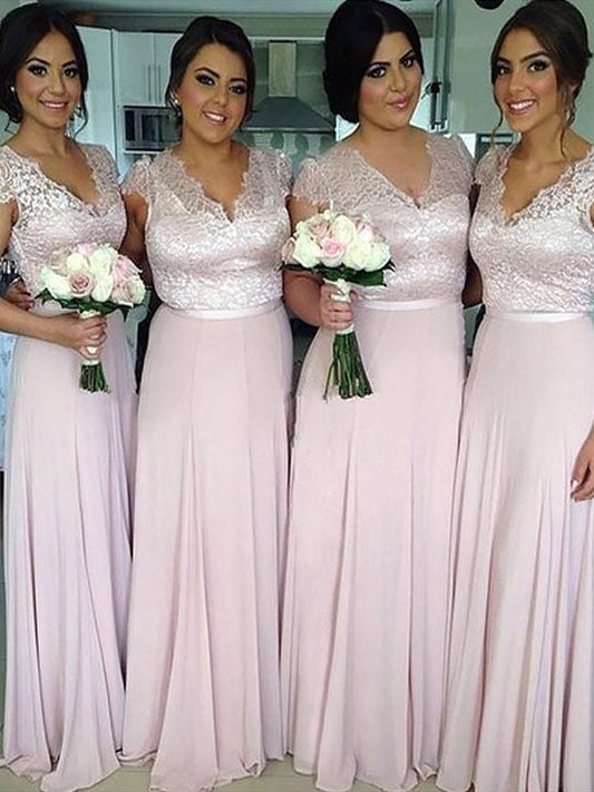 Sleeves Short V-neck A-Line/Princess Floor-Length Chiffon Bridesmaid Dresses