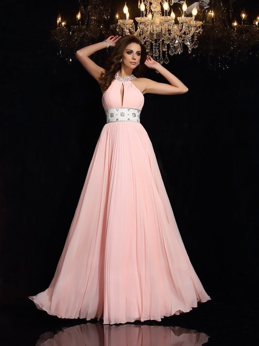 Neck Sleeveless A-Line/Princess Pleats High Long Chiffon Dresses