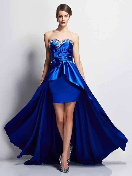 Low Beading High Sleeveless Sweetheart A-Line/Princess Elastic Woven Satin Dresses