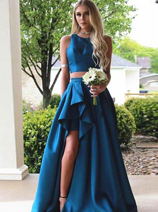 A-Line/Princess Train Scoop Satin Sweep/Brush Ruffles Sleeveless Two Piece Dresses