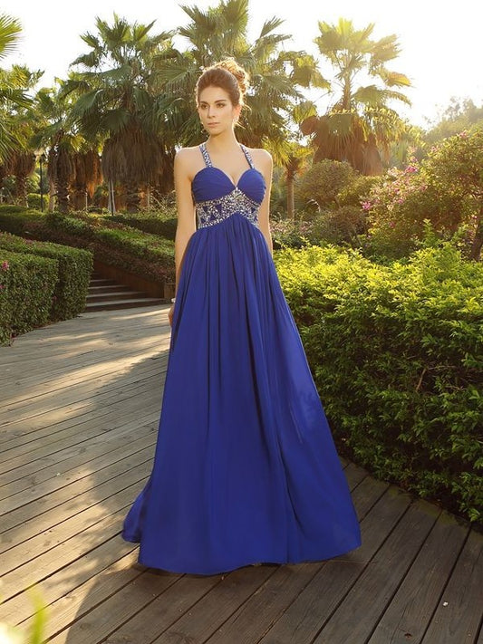 Beading A-Line/Princess Sleeveless Straps Long Chiffon Dresses