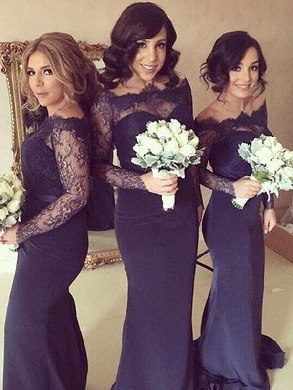 Sleeves Off-the-Shoulder Long Trumpet/Mermaid Stretch Crepe Sweep/Brush Train Bridesmaid Dresses