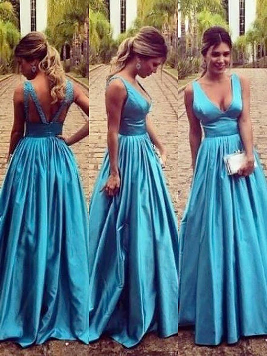 A-Line/Princess Sleeveless Satin Elastic Woven V-neck Ruched Floor-Length Dresses