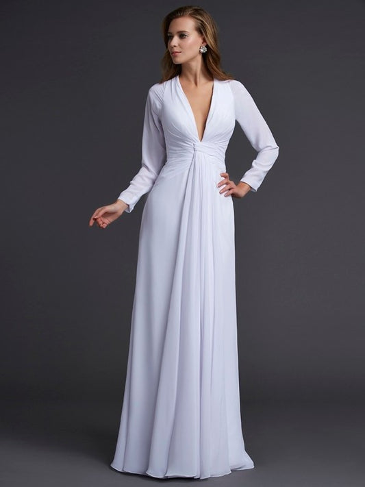 Long Sheath/Column V-neck Ruched Sleeves Long Chiffon Dresses