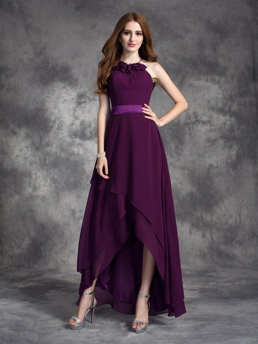 Halter Low A-line/Princess Sleeveless High Ruffles Chiffon Bridesmaid Dresses