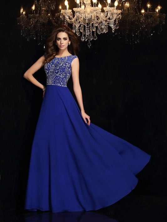 A-Line/Princess Sleeveless Scoop Beading Long Chiffon Dresses