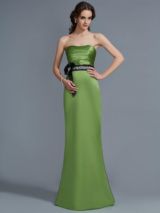 Strapless Sleeveless Sheath/Column Long Sash/Ribbon/Belt Satin Bridesmaid Dresses