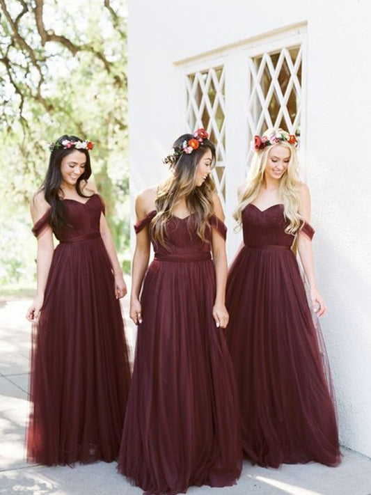 Ruffles Sleeveless Off-the-Shoulder Tulle A-Line/Princess Floor-Length Bridesmaid Dresses