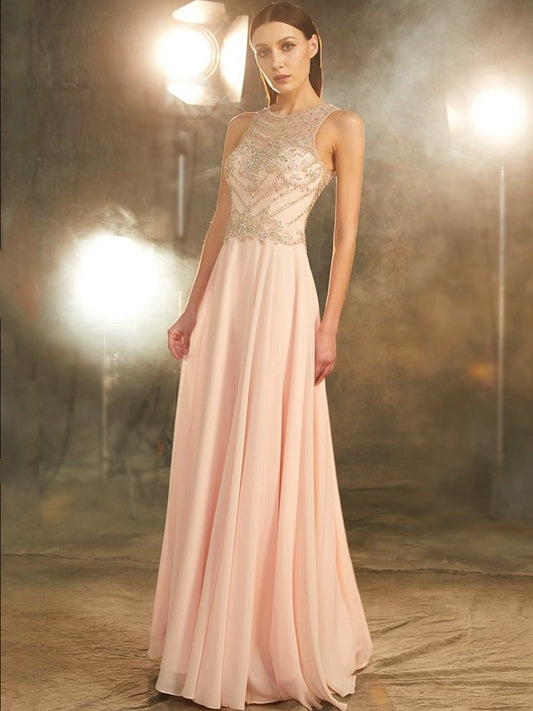 Chiffon A-Line/Princess Scoop Sleeveless Crystal Floor-length Dresses