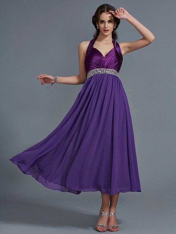 Long Halter Sleeveless A-Line/Princess Beading Chiffon Bridesmaid Dresses