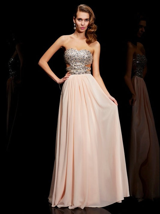 A-Line/Princess Sweetheart Sleeveless Rhinestone Long Chiffon Dresses