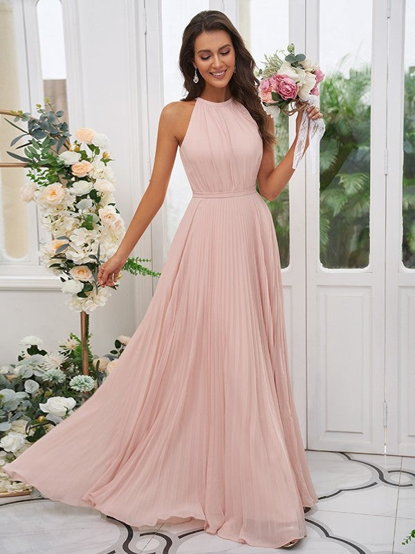 Chiffon Ruffles Halter Sleeveless A-Line/Princess Floor-Length Bridesmaid Dresses