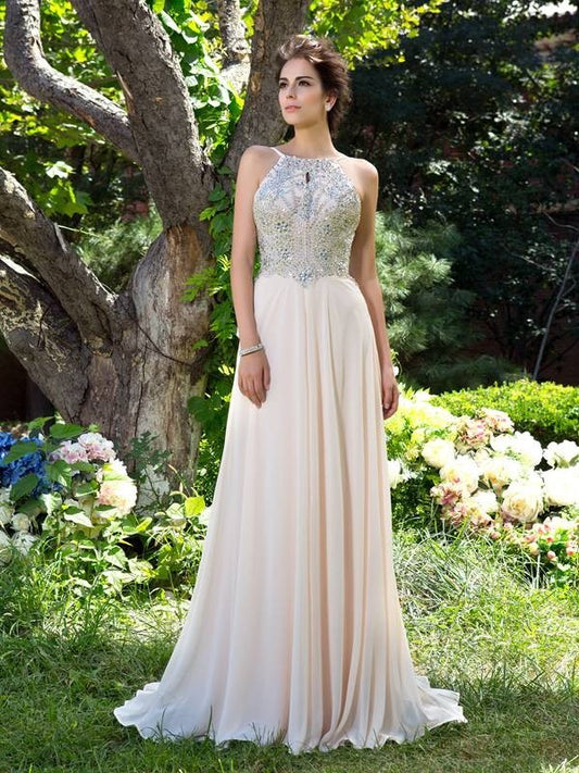 Sleeveless Straps A-Line/Princess Beading Spaghetti Long Chiffon Dresses