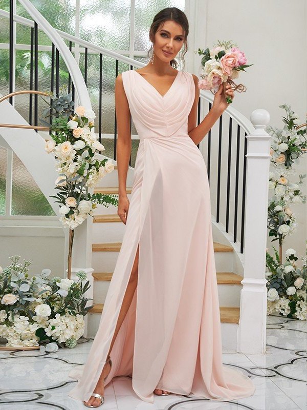 Ruched Sleeveless V-neck A-Line/Princess Sweep/Brush Chiffon Train Bridesmaid Dresses