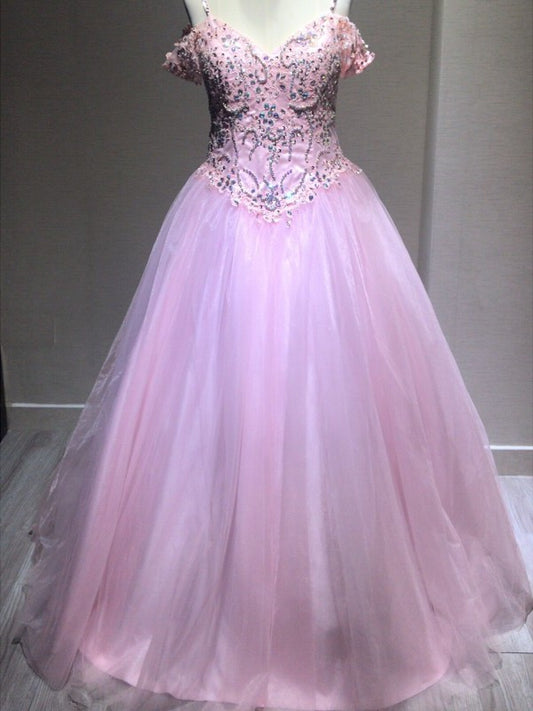 Gown Ball Sleeveless Straps Tulle Spaghetti Crystal Floor-Length Dresses