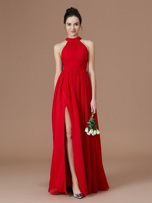 A-Line/Princess Halter Sleeveless Floor-Length Ruched Chiffon Bridesmaid Dresses