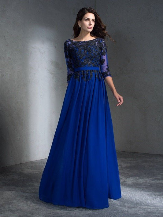 Scoop Sleeves A-Line/Princess 3/4 Applique Long Chiffon Dresses